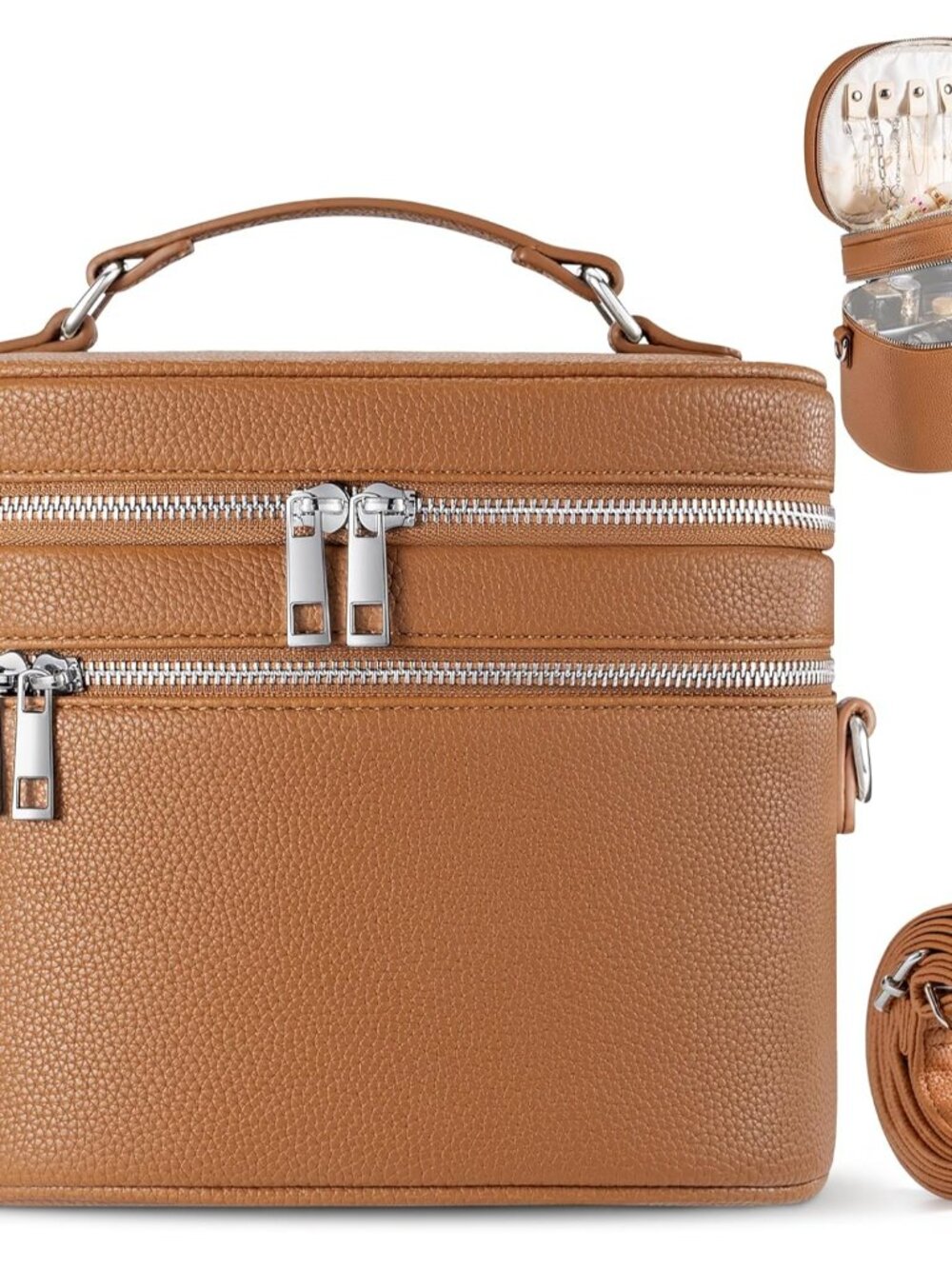Leather Makeup Bag Organizer Double Layer Vanity Bag Large Capacity with Compart